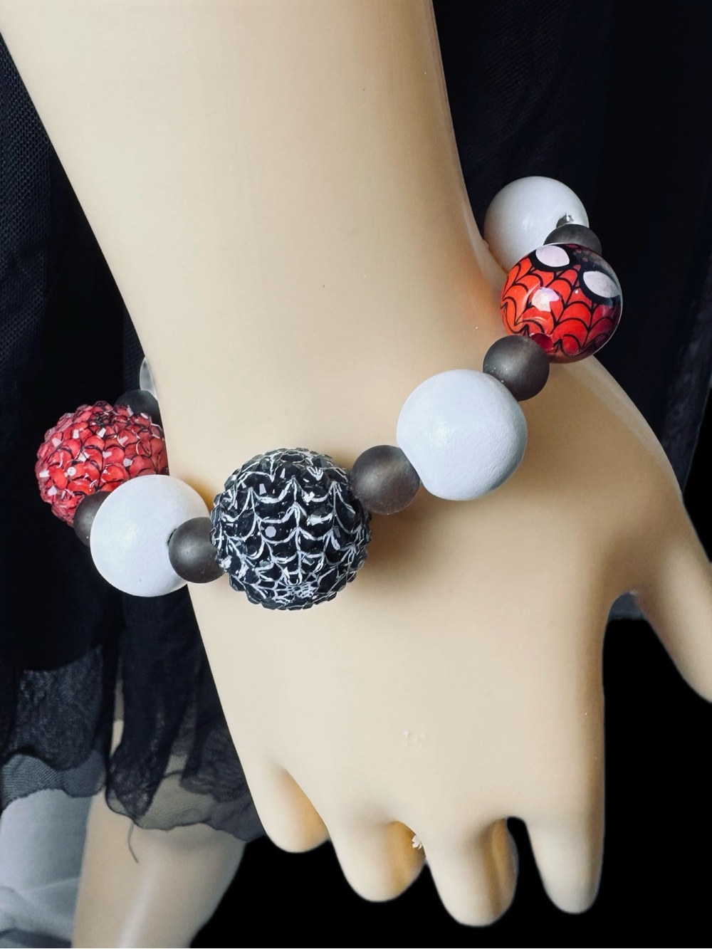 Bold Spider Hero Beaded Stretch Bracelet in White, Black & Red